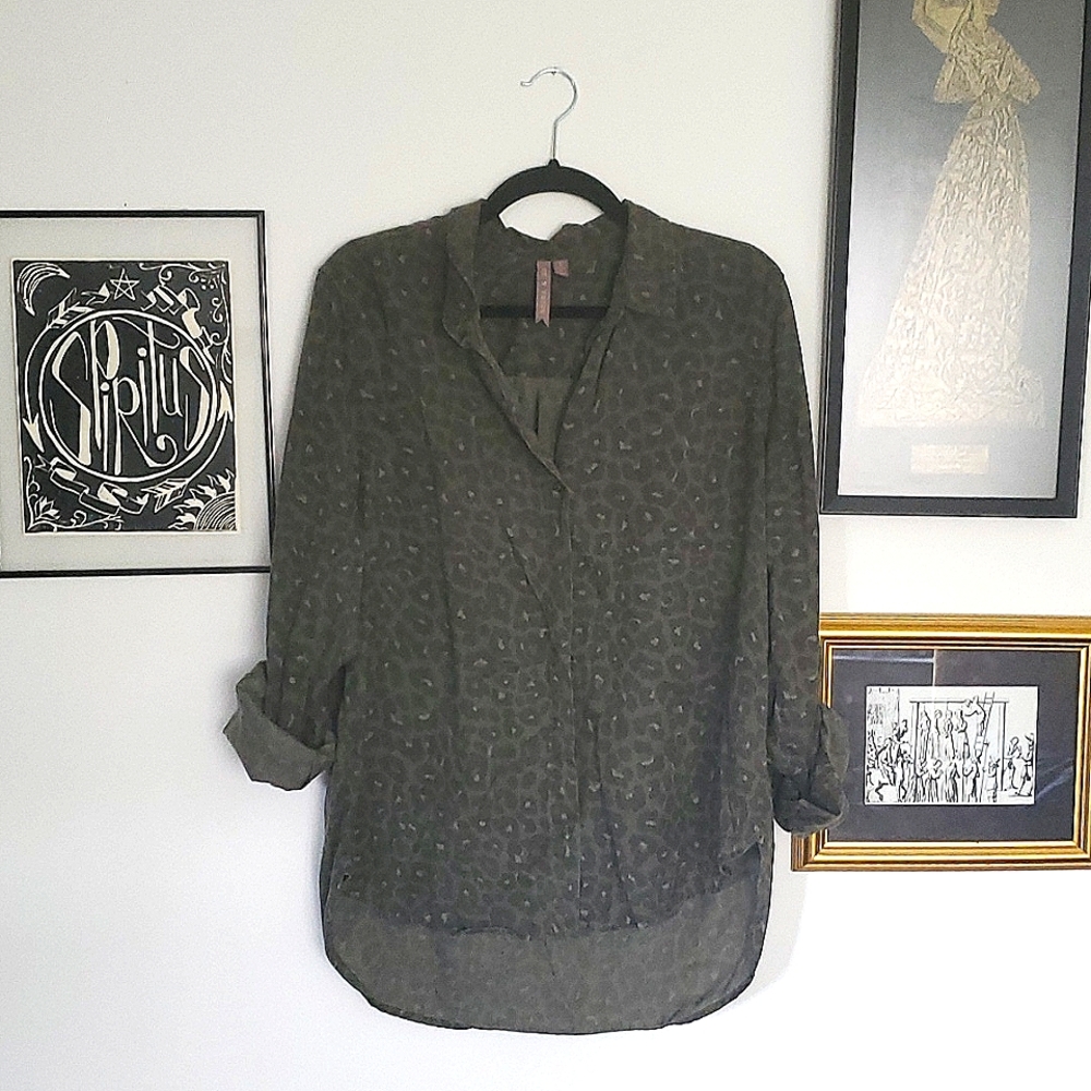Olive Green Leopard Print Button Up